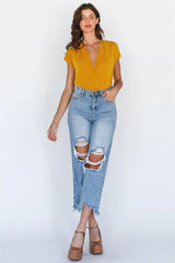 Mustard Wrap V-Neck Bodysuit with Open Back