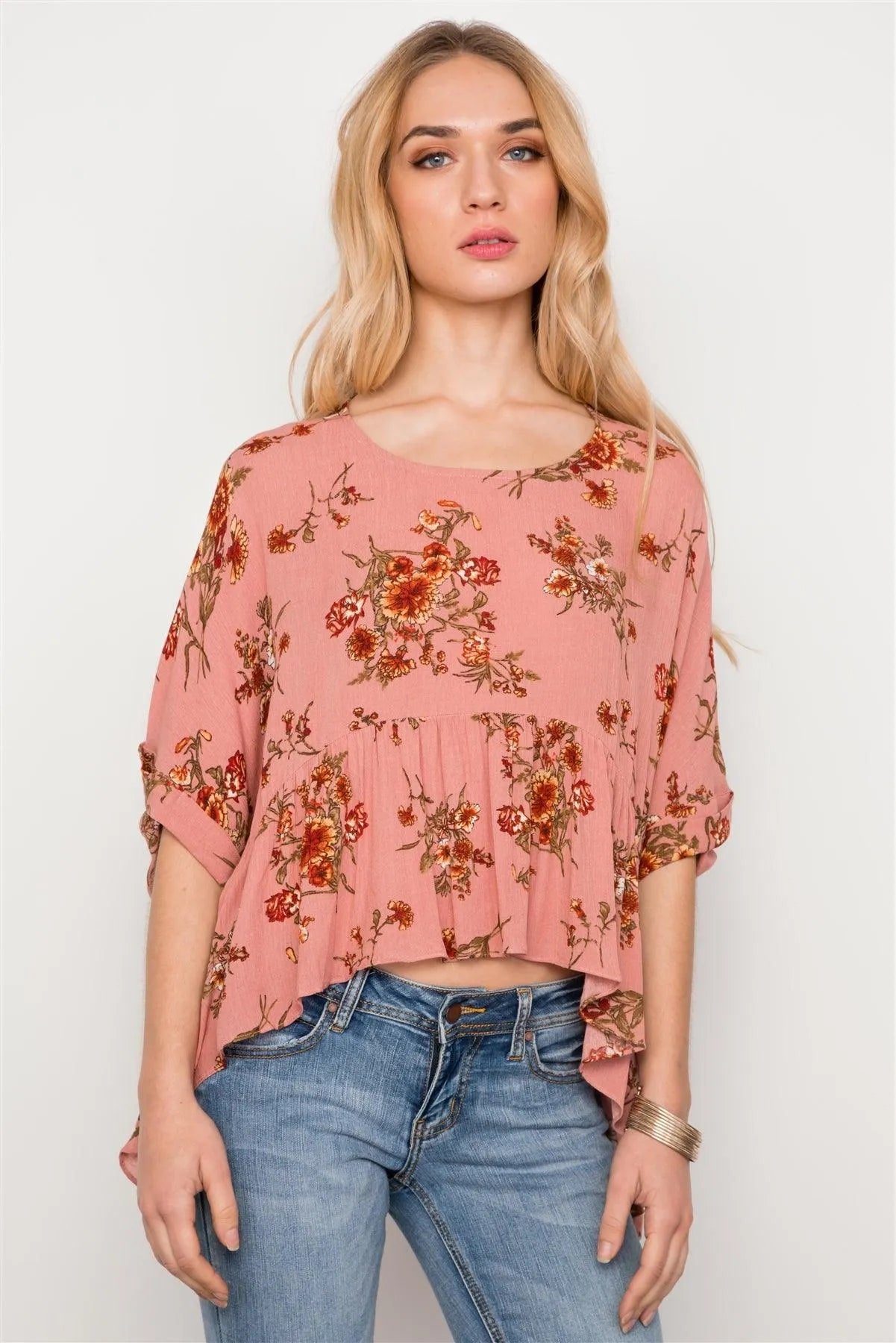Peach Floral Print High-Low Round Neck Loose Fit Top