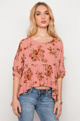 Peach Floral Print High-Low Round Neck Loose Fit Top