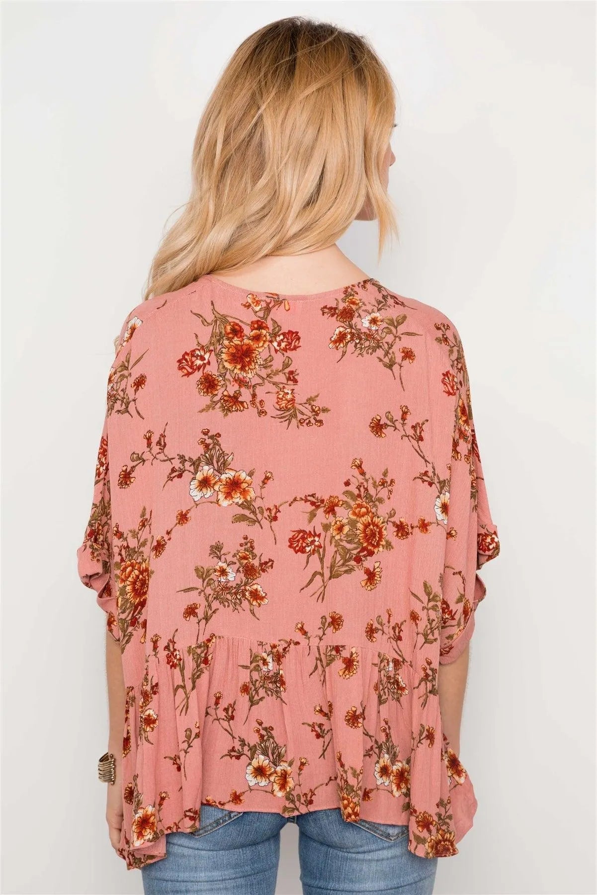 Peach Floral Print High-Low Round Neck Loose Fit Top