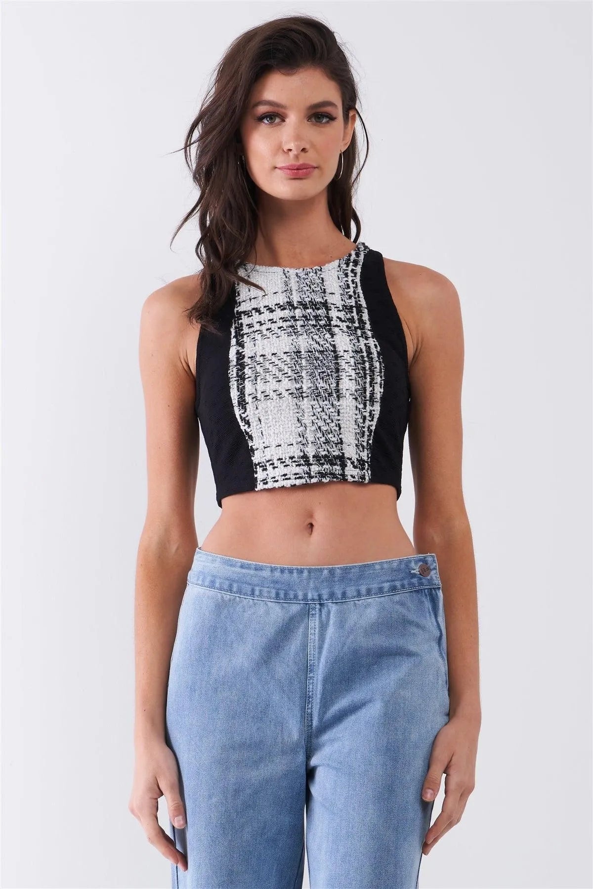 Black & White Sleeveless Plaid Crop Top with Glitter Trim