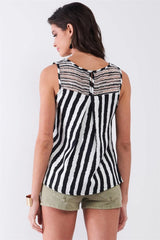 Black & White Striped Sleeveless Knit Top with Pleated Front and Crochet Back Trim
