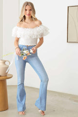 White Off-Shoulder Ruffle Lace Crop Top