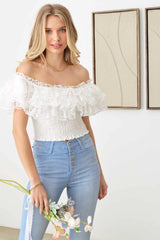 White Off-Shoulder Ruffle Lace Crop Top