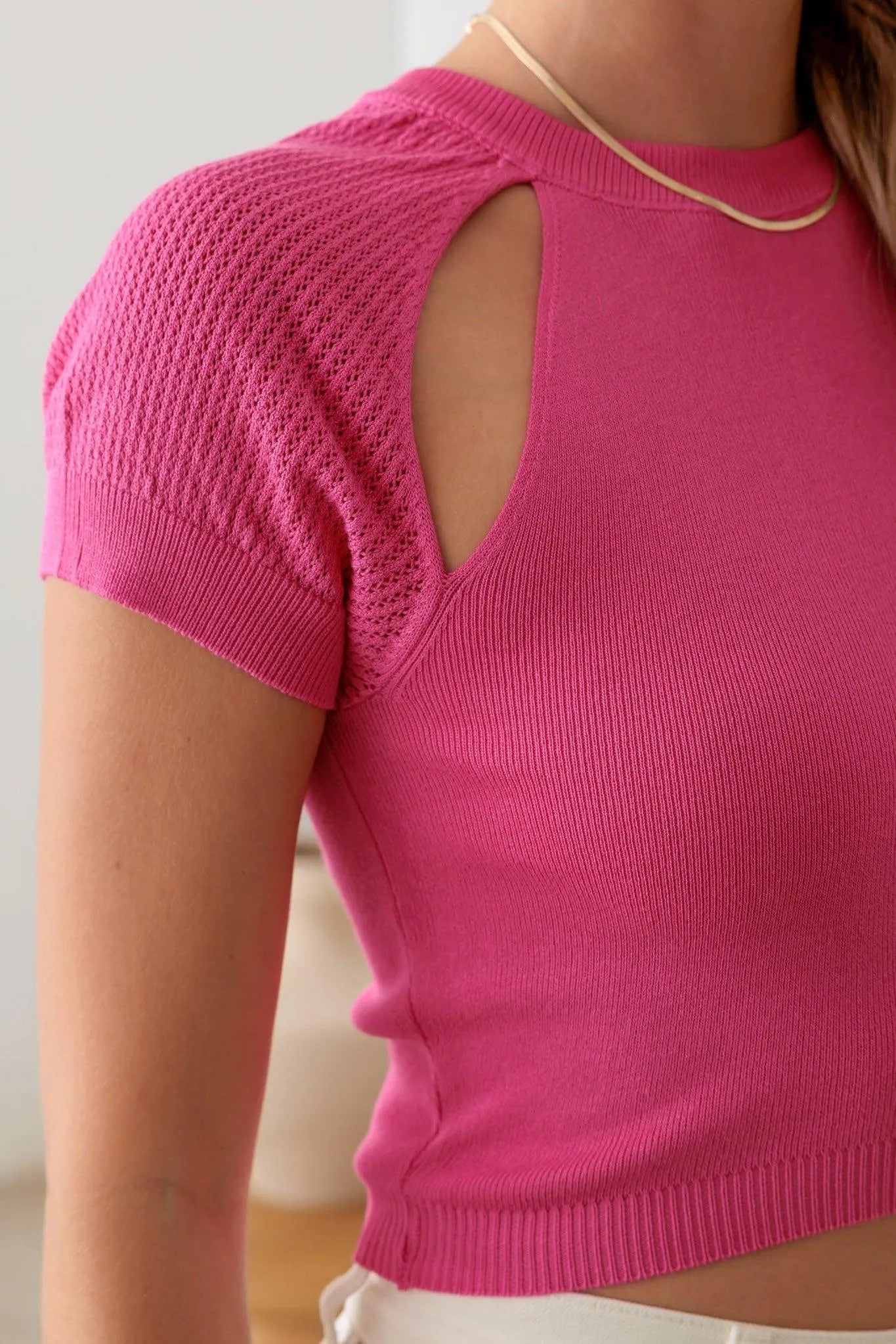 Short Sleeve Knit Crop Top with Cut-Out Net Sleeves