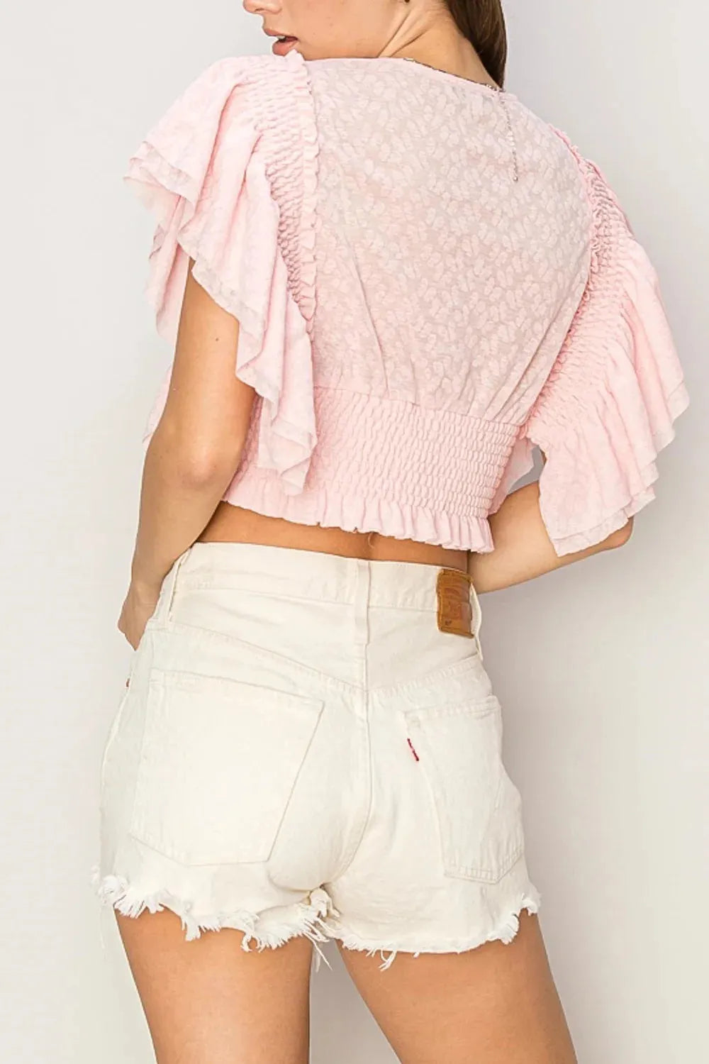 Smocked Lace Ruffle Sleeve Front Button Crop Top