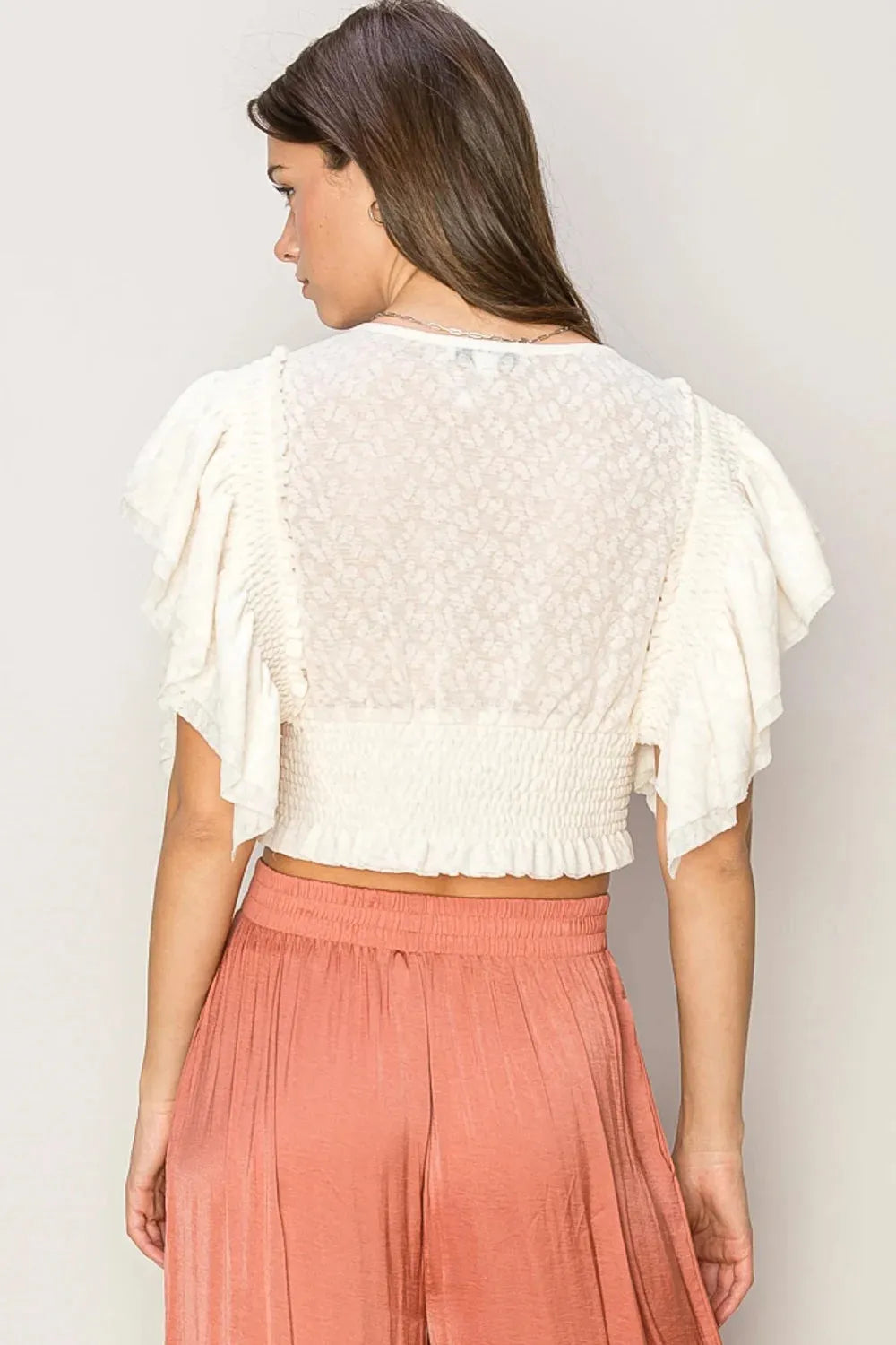 Smocked Lace Ruffle Sleeve Front Button Crop Top