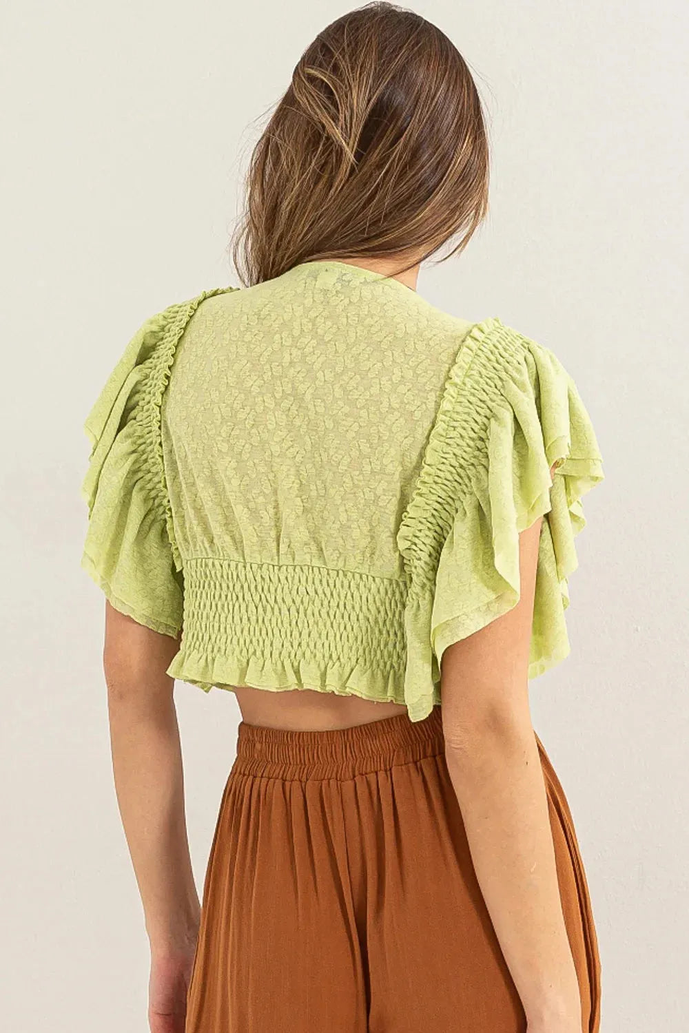 Smocked Lace Ruffle Sleeve Front Button Crop Top