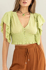Smocked Lace Ruffle Sleeve Front Button Crop Top