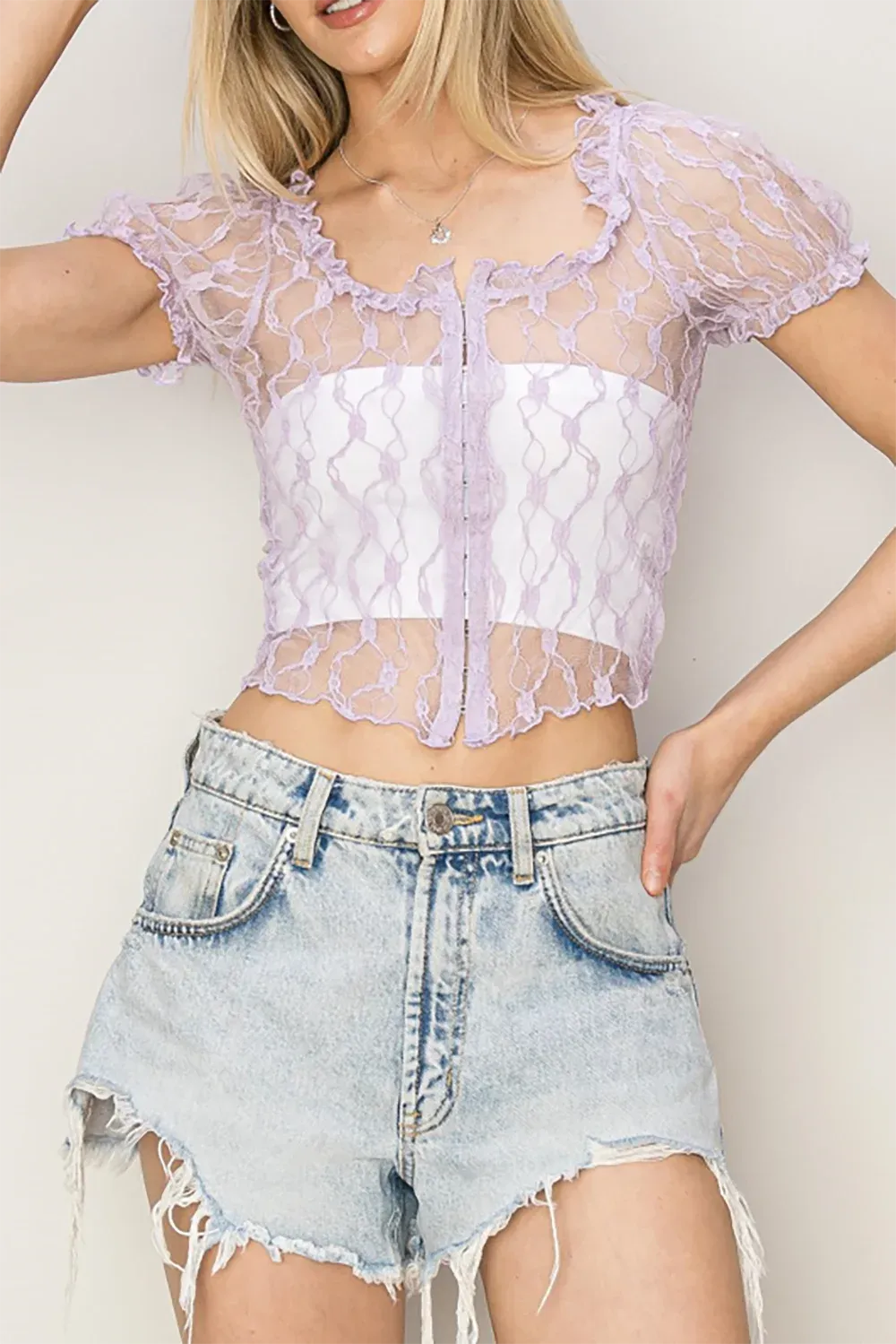 Sheer Lace Puff Sleeve Ruffle Trim Crop Top