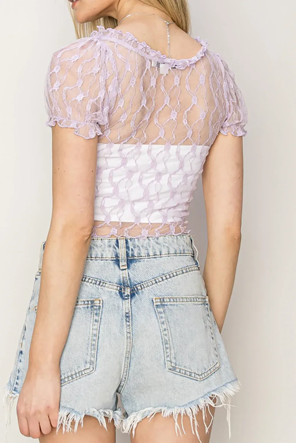 Sheer Lace Puff Sleeve Ruffle Trim Crop Top