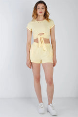 Yellow Short Sleeve Crop Top with Tie Hem & High Waist Shorts Set