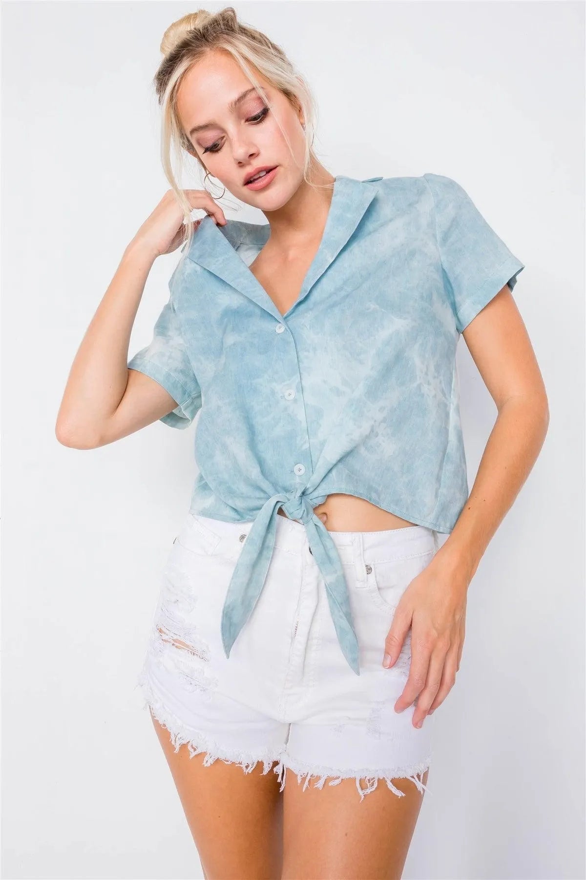 Blue Tie-Dye V-Neck Short Sleeve Crop Top with Front Knot